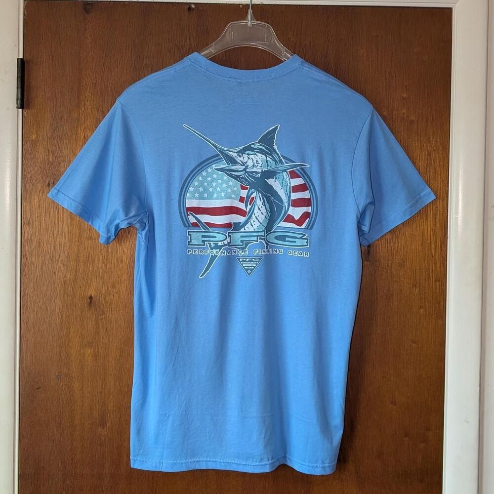 Columbia PFG Marlin & American flag Graphic Design T-shirt Mens size Medium NEW!